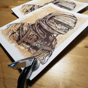 illustrion of a astronaut with a burger face