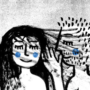 Ilustração que retrata alguém a segredar ao ouvido de outra pessoa por Bárbara R.