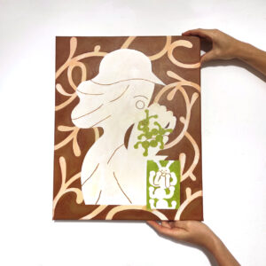 Brown and green painting of a girl kissing a bug by Amargo