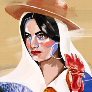 Woman holding a rooster artwork by Marita