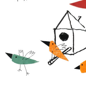 Birds outside of a birdhouse illustration by Vitor Hugo Matos