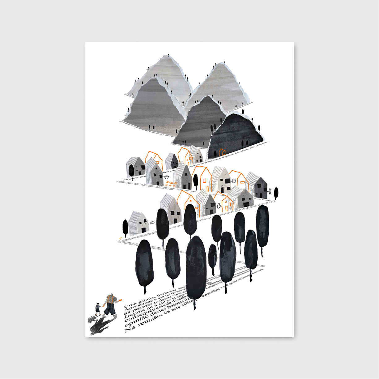 subida-aldeia-hugo-matos-apaixonarte-01 Illustration of grandfather and grandson on a stroll up to a village by Vitor Hugo Matos