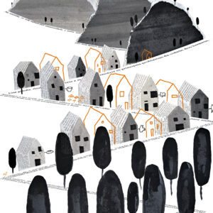 Ilustração de avo e neto a subir para uma aldeia por Vitor Hugo Matos