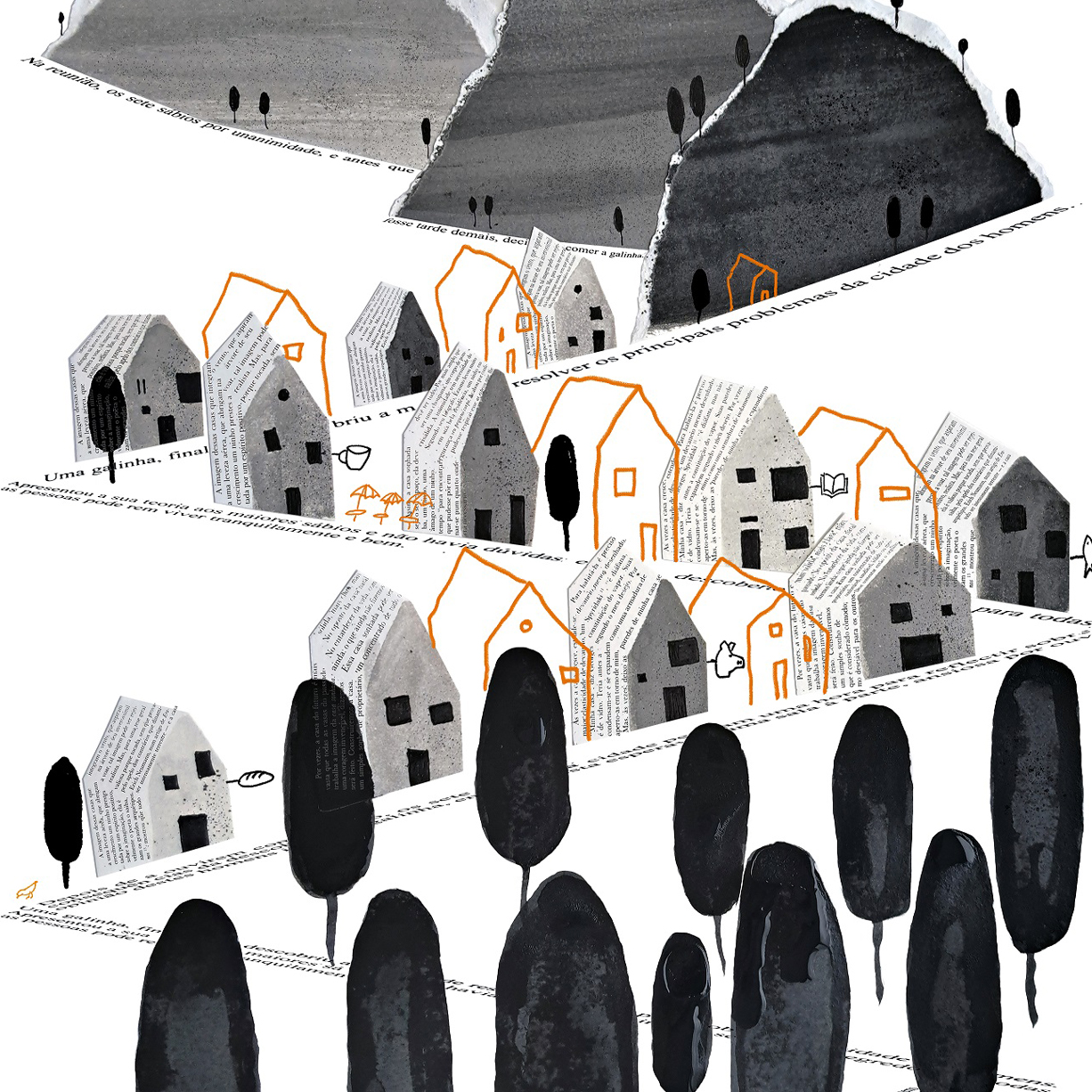 subida-aldeia-hugo-matos-apaixonarte-02 Illustration of grandfather and grandson on a stroll up to a village by Vitor Hugo Matos