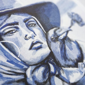 Pormenor de uma ilustração de uma jovem mulher e um corvo por Marita