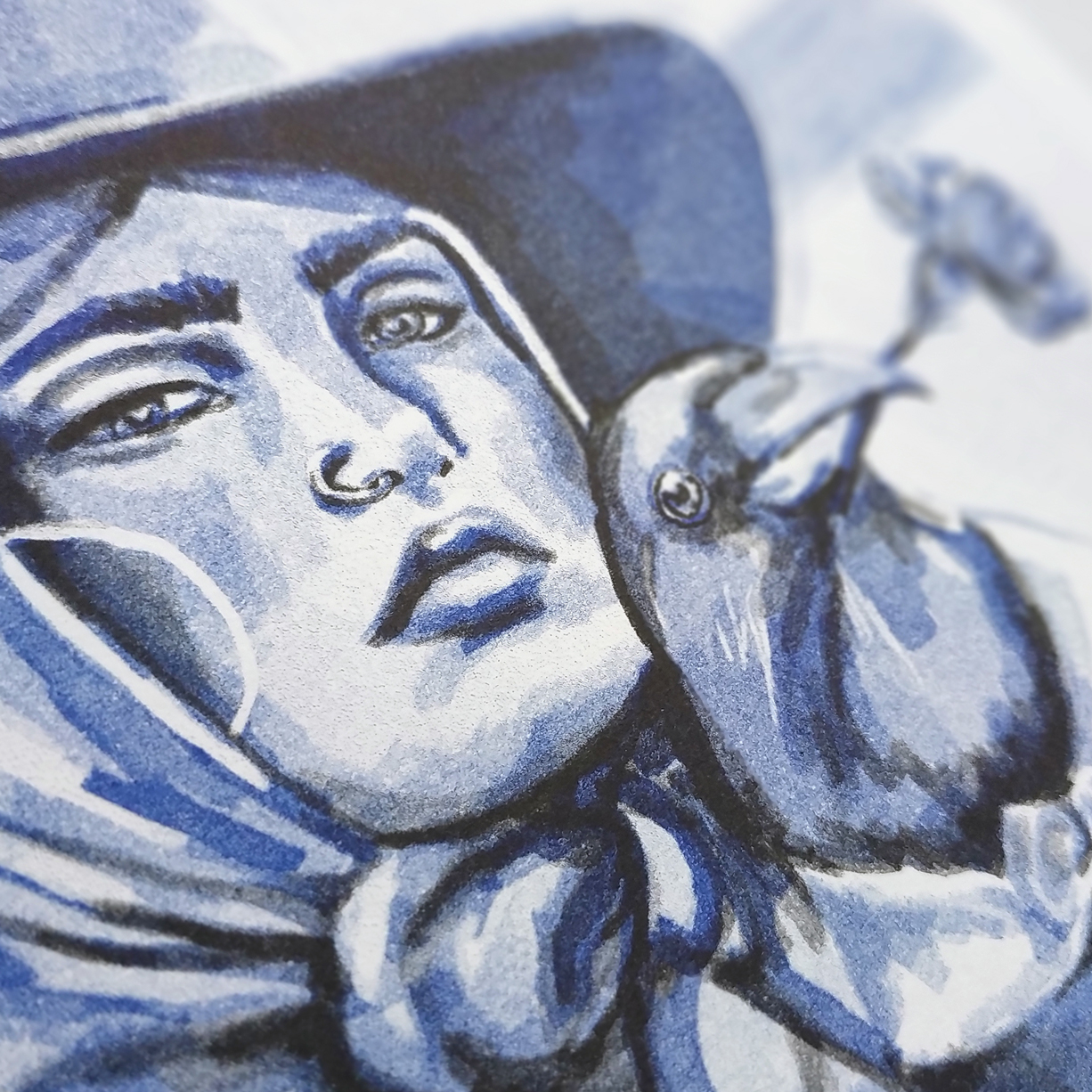 CARMO-RISO-marita-apaixonarte02 Pormenor de uma ilustração de uma jovem mulher e um corvo por Marita