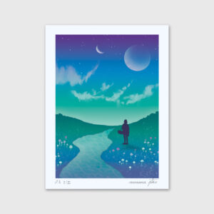 Ilustração de uma paisagem em tons verdes e azuis por Mariana PTKS.