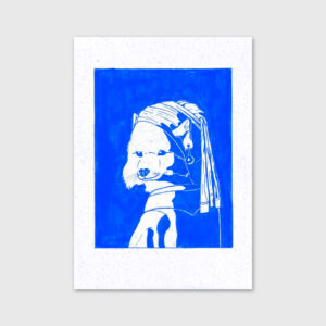 Illustration with a dog recreating "Girl with a pearl earring" by Sara Felgueiras.