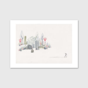 Illustration portraying someone walking away from a city by Constança Duarte.