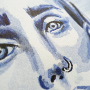 Pormenor de ilustração de uma jovem e um corvo por marita