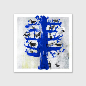 Illustration portraying a blue tree with animals by Eva Evita