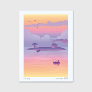 Uma Ilustração de uma paisagem em tons amarelos e roxos por Mariana PTKS.