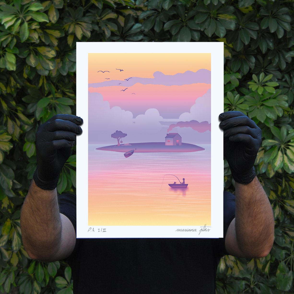 treasure-chest-Mariana-ptks-apaixonarte-02 Someone holding a purple and yellow landscape illustration print by mariana PTKS.