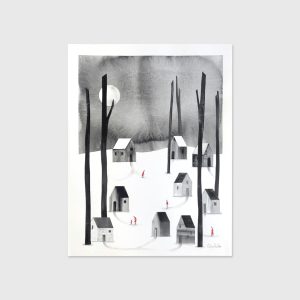 Watercolour depicting houses on a forest by Cátia Freitas at Apaixonarte