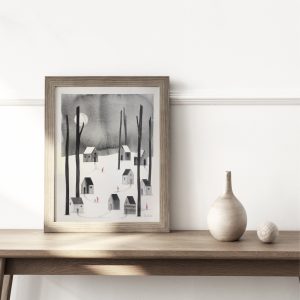 Watercolour depicting houses on a forest by Cátia Freitas at Apaixonarte